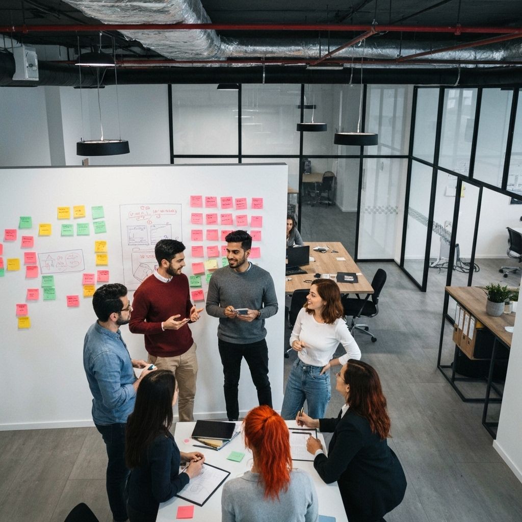 Creative team collaborating on project with sticky notes on wall